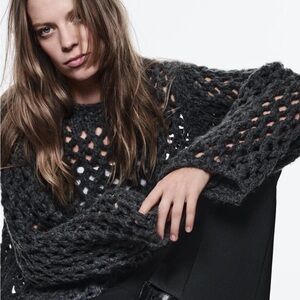 NWT ZARA GREY FISHERMAN KNIT SWEATER WITH VENT M COTTAGECORE